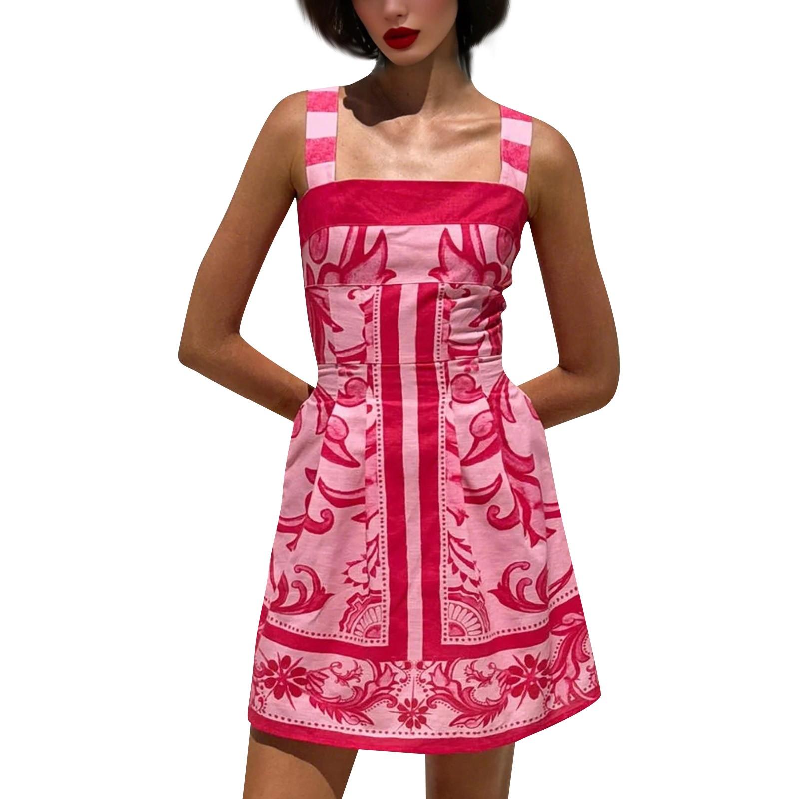 

Summer Women s Elegant Printed Elastic Back Dress Vacation Styles French Floral Halters Long Dresses XL рожевий