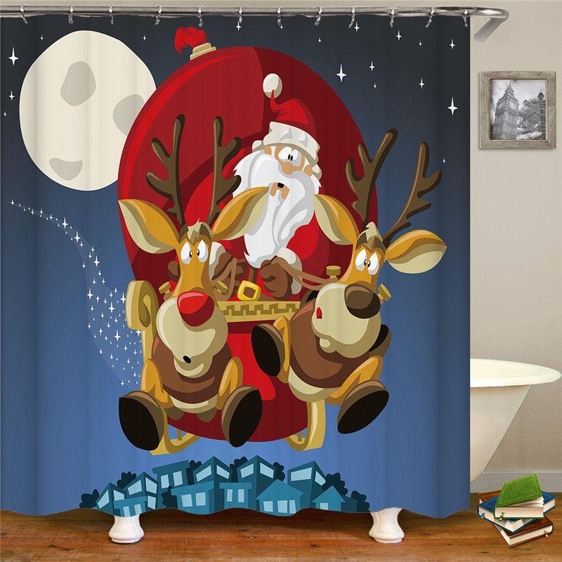 Christmas Curtain Shower With Hook Xmas Bathroom Decoration Santa Claus Snowman