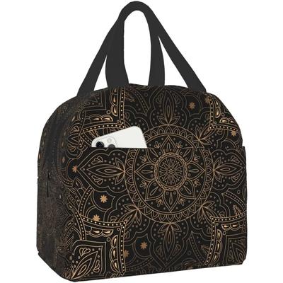 Lunchtasche für Damen Luxus Orientalisches Mandala Königlich Retro Floral Schwarz Antik Isolierte Lunchbox Kühltasche für Arbeit Schule