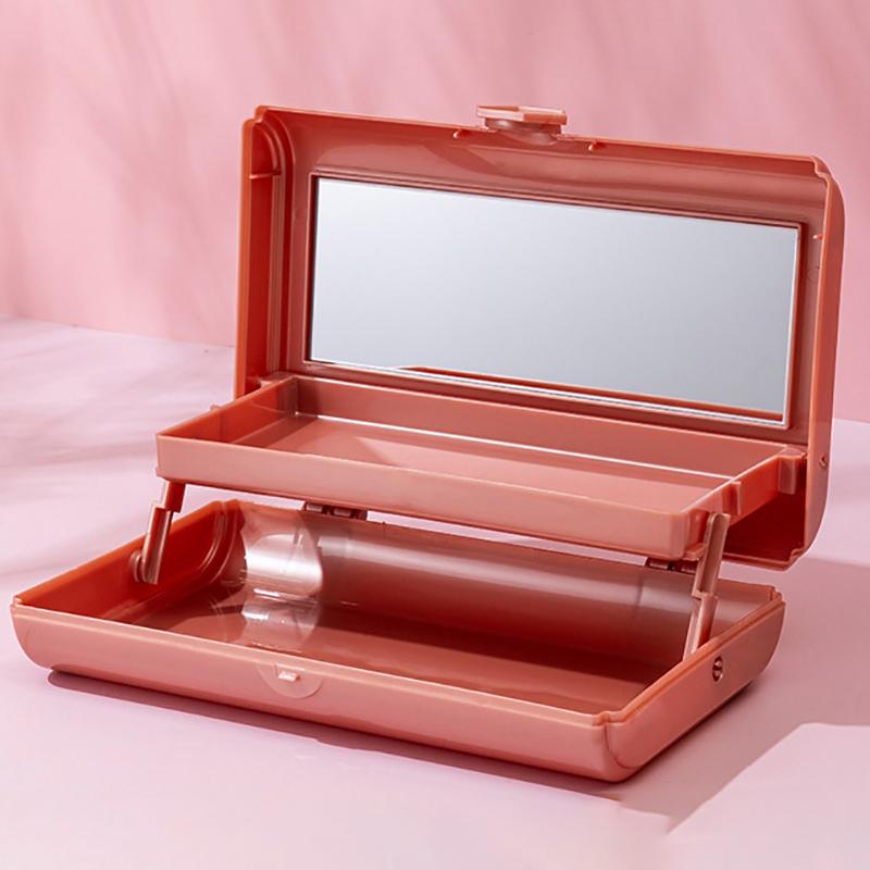 Double Layered Folding Item Box With Mirror Nail/Makeup Brush Jewelry Storage Portable Travel Cosmetics Organizer Container Case