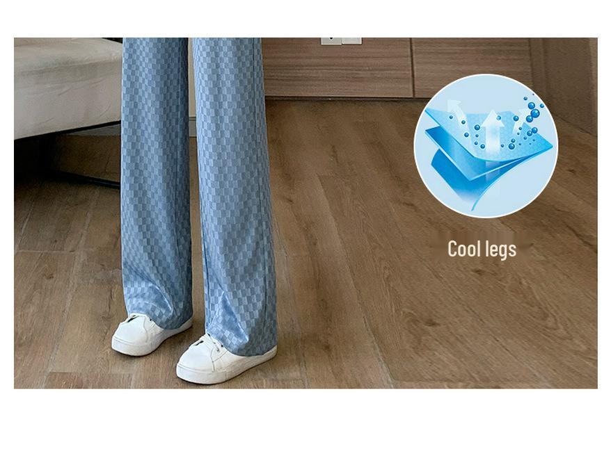 2025 Women's Checkered Wide-Leg Ice Silk Pants - Slim-Fit, High-Waisted, Draped, Summer & Spring