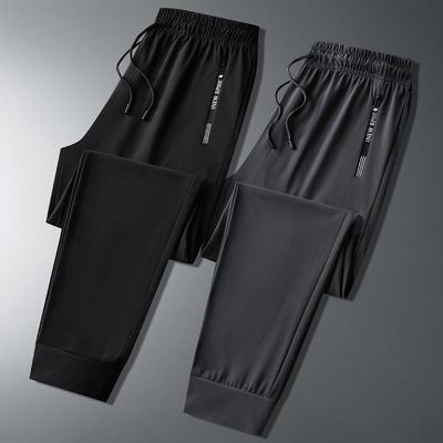 European Size Men's Quick-Drying Ice Silk Sports Trousers with Two-Way Zipper, 20% Spandex, Summer Breathable Thin Pants.