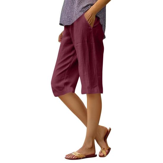 Women Shorts Elastic Mid-rise Straight Leg Knee-Length Pants with Pockets Solid Color Regular Style Shorts