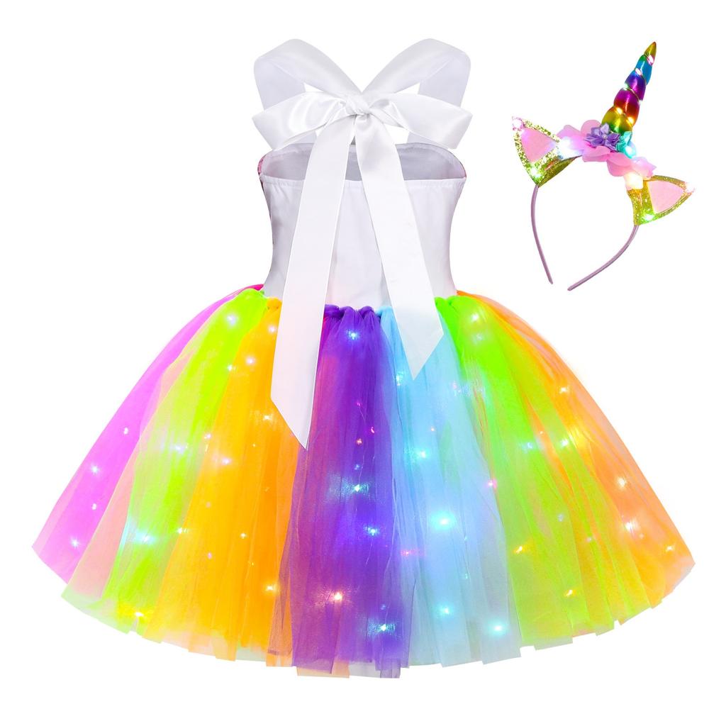 Rainbow Unicorn Tutu Dress,Glowing Sparkle, Christmas Party Dance Princess, Multicolor, 6-7 Years