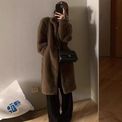 Winter Young Mink Long Stand-up Collar Fur All-in-one Imitation Mink Plush Eco-friendly Fur Coat for Women