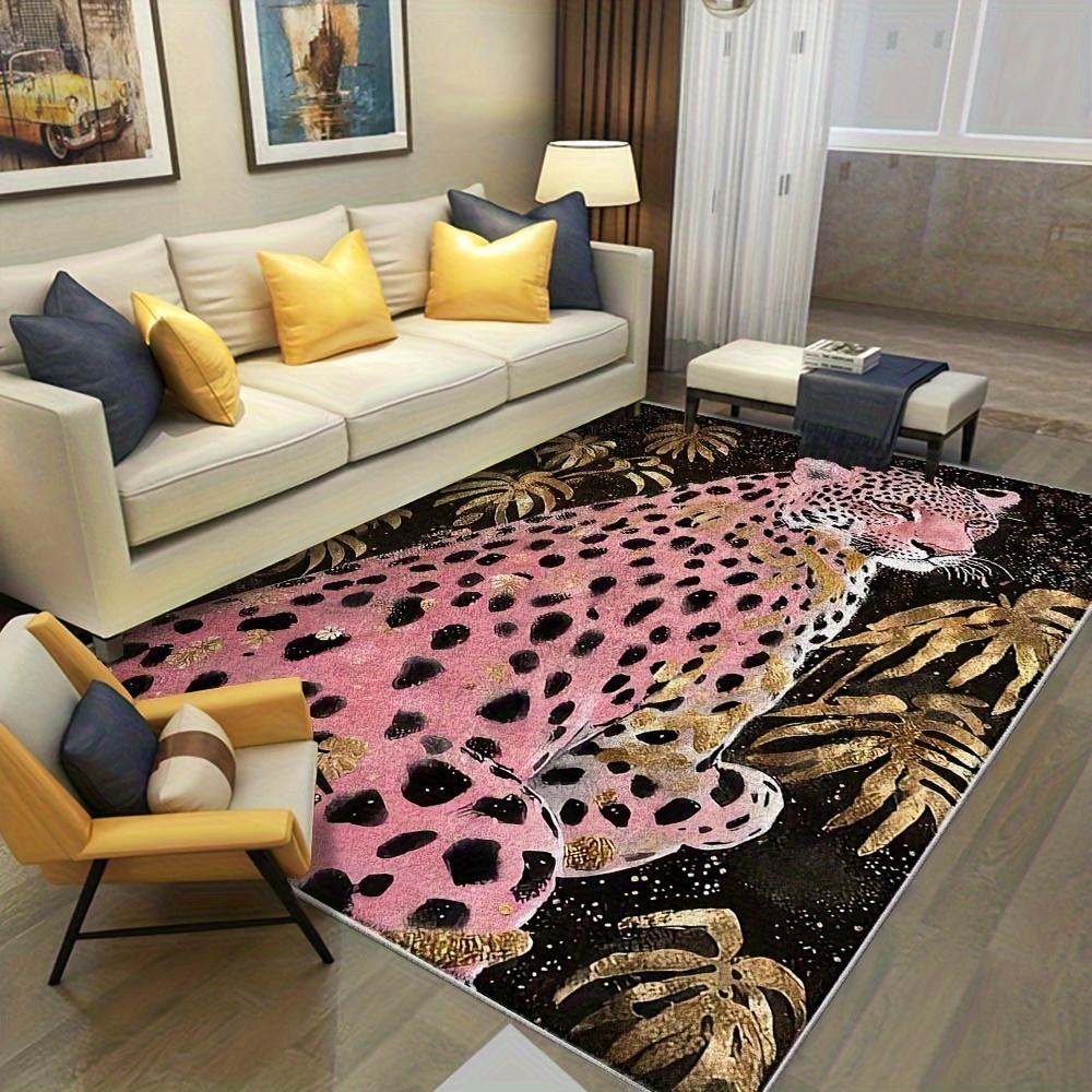 Luxurious Leopard Print Area Mat Pink Black Design Golden Accents Machine Washable Large Rectangular Mat Living Room Office
