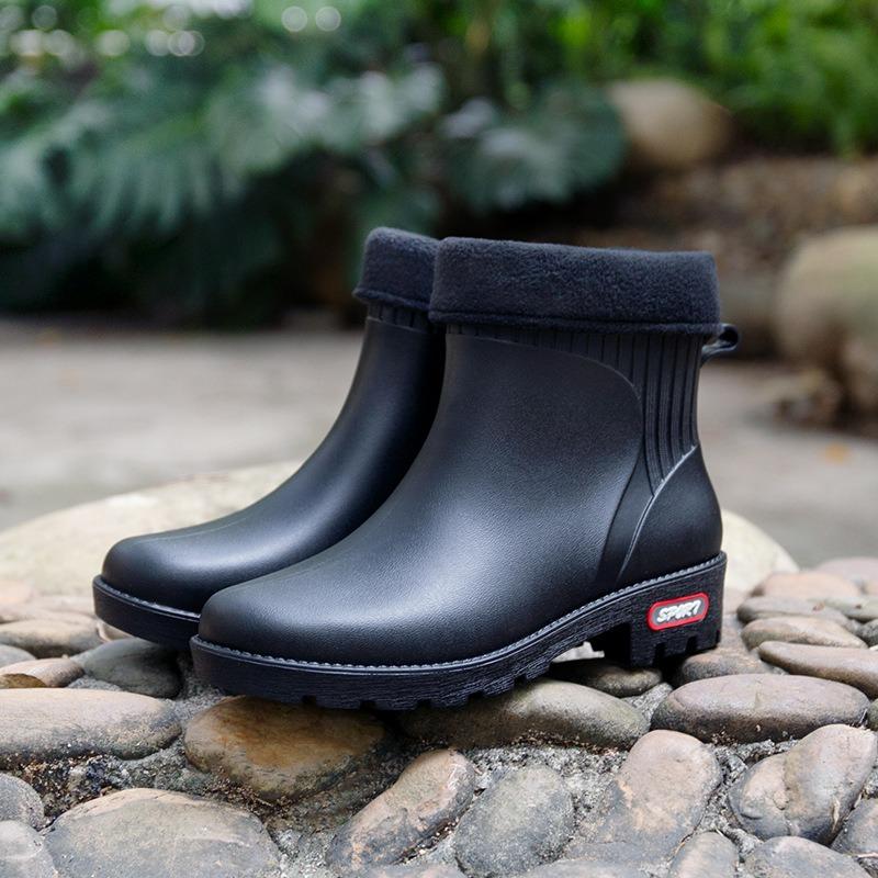Short tube women's water shoes fleece warm low tube thick-soled water boots rain boots waterproof glue shoes