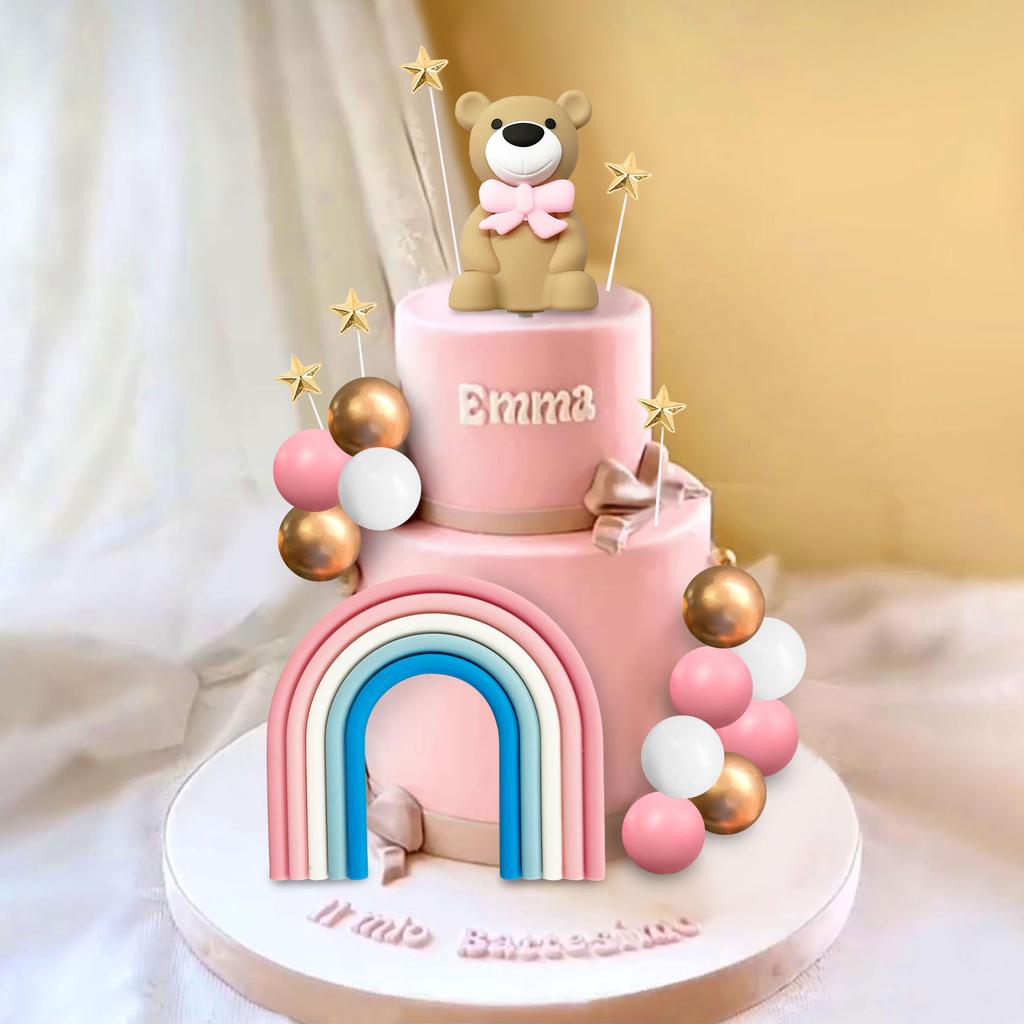 22pcs Pink Bear Cake Decoration Pink White Blue Rainbow Golden Ball Star Cake Top Baby Girl Shower Birthday Cake Decoration