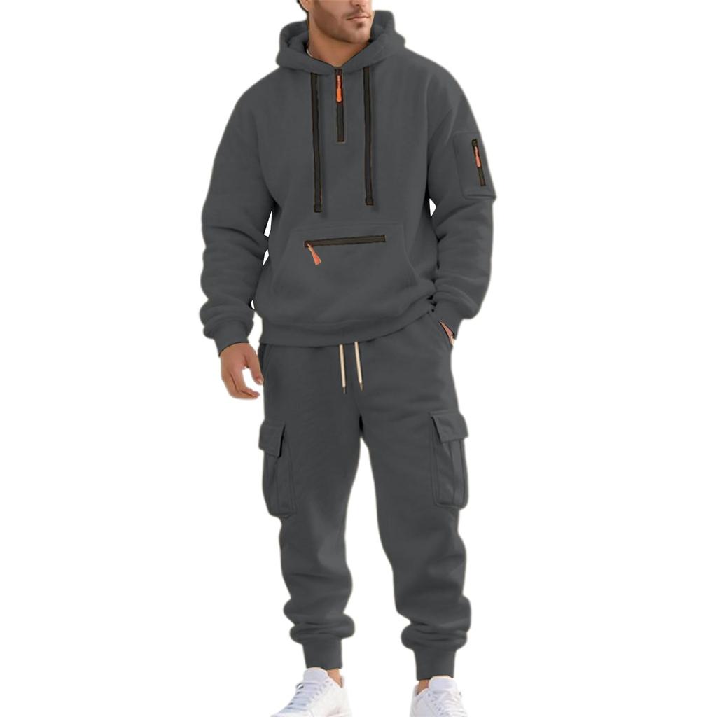 Men's Lined Cargo Hoodie and Jogger Pants 2-Piece Set with Zip-Up and Multiple Pockets for Casual Everyday Wear