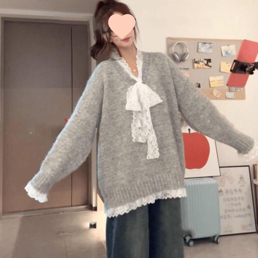 Grey Lace Long Sleeve Loose Knit Sweater - Spring/Autumn Design