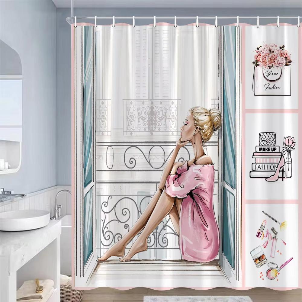 Fashion Girl Pattern Shower Curtain Black White Stripe Bathroom Decor Accessories American Style Bath Curtains Waterproof Cloth