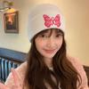 Embroidered butterfly knitted hat women's warm cold hat big head circumference ear protection pullover hat versatile bag head wool hat