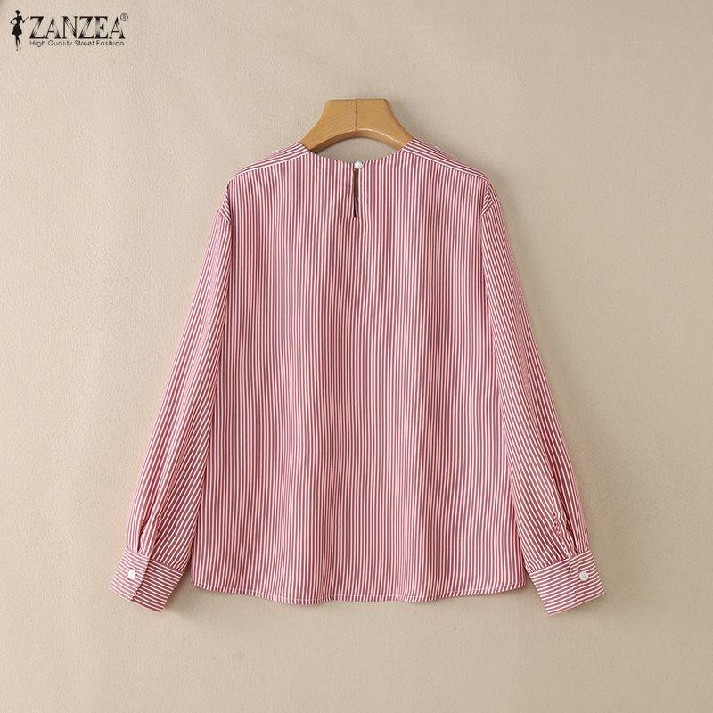 ZANZEA Women Casual Round Neck Loose Long Sleeve Stripe Blouse