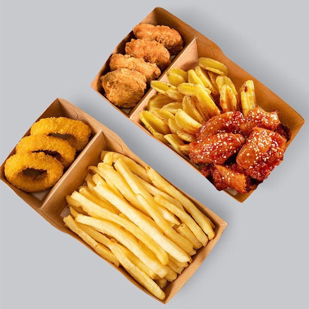 50Pcs 320/440/520ML Capacity Disposable Food Serving Tray Two Grids Kraft Paper Snack Box Camping