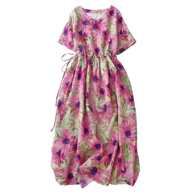 2025 Summer New Printed Cotton and Linen Dress Women's Loose Lace-up Waist Round Neck Short Sleeve Medium and Long A-word Skirt