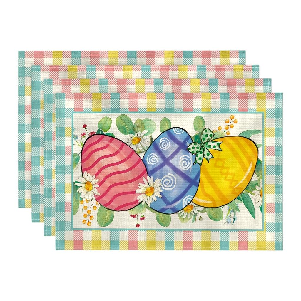4pcs Buffalo Check Easter Placemats, Featuring Rabbits, Daisies, and Carrots, Perfect for Party, Kitchen, and Dining Room Decor