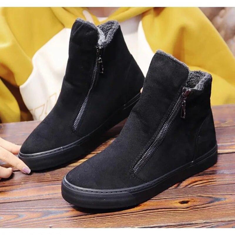 Comfortable Winter Snow Boots Flat Women Winter Shoes Zip Warm Plush Fashion Ladies Brand Ankle Boots Pure Black