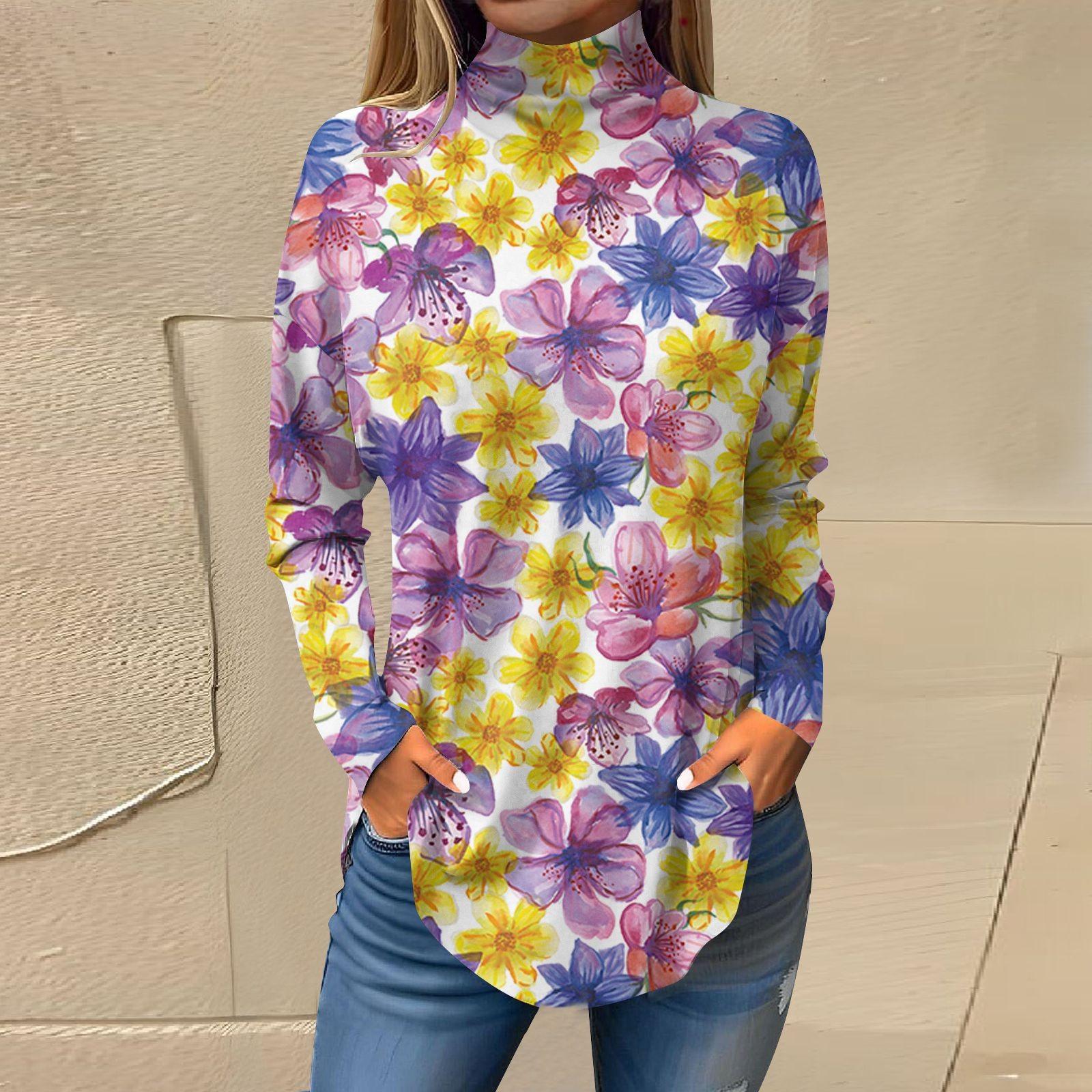 

Женская свободная футболка с высоким воротом и длинными рукавами с цветочным принтом в стиле ретро, топ-пуловер XL жёлтый