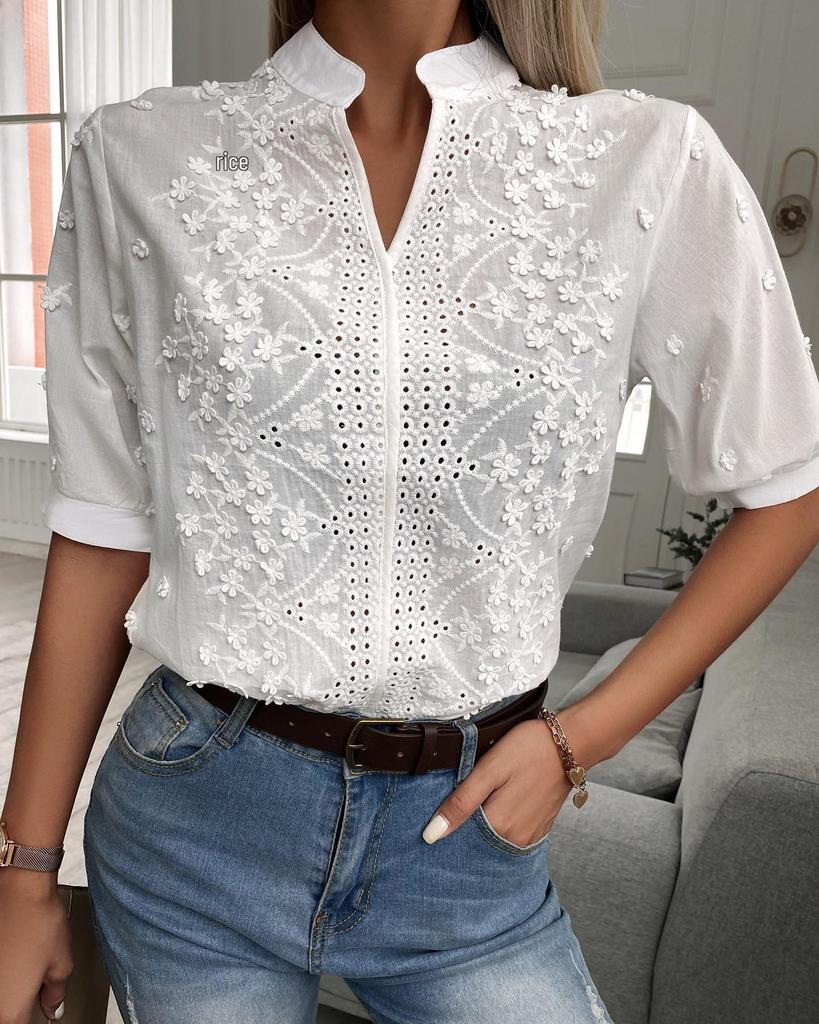 2023 Summer European & American Women's V-neck Stand-up Collar Embroidered Lace Top Shirt