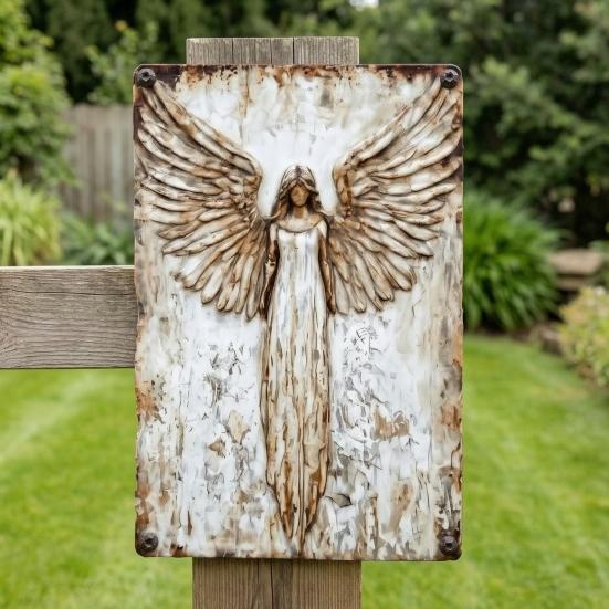 Arte de Parede em Metal Anjo da Guarda Rústico, Placa Pendurada Vintage com Asas de Anjo Desgastadas para Casa de Fazenda, Sala de Estar, Quarto, Hall de Entrada, Varanda, Decoração de Parede