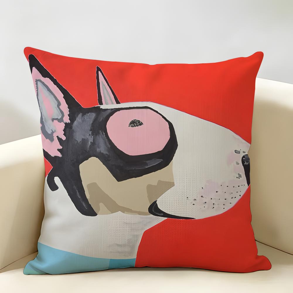Housse de Coussin Série Bull Terrier Dessin Animé Lin Naturel Tissu Biologique Impression Double Face Décoration de Chambre Canapé Housse de Coussin