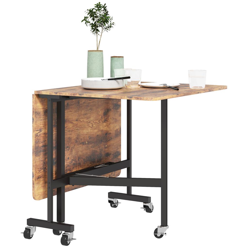 Folding Kitchen Dining Table, 2 Drop Leaves, 6 Wheels, Seats 4-6, 120 x 80 x 73 cm, Rustic Brown