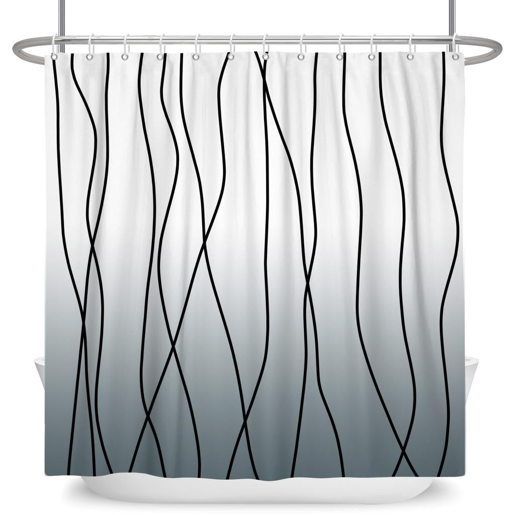 Minimalist Wavy Line Shower Curtain Gradient Design Waterproof Bath Curtain Bathroom Decor Multiple Options Polyester With Hooks