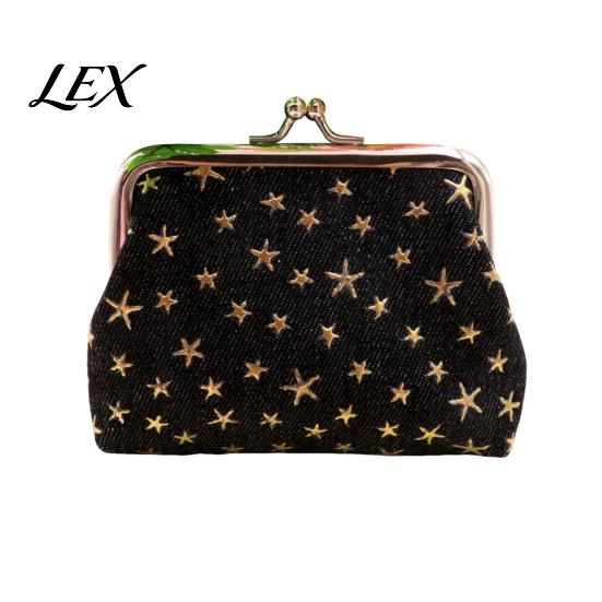 Washed Denim Wallet Golden Star Coin Purse, Women Change Kiss Lock Purse Closure Pouch for Folded Cash Coins Cards Mini Makeup