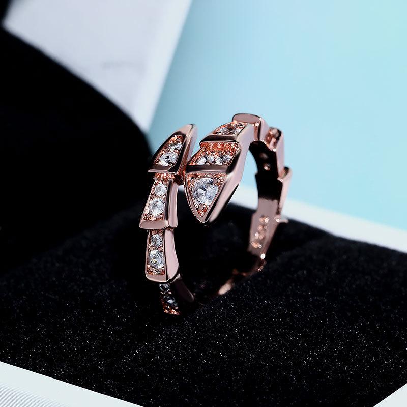 Korean-Style Imitation Silver Snake Bone Ring with Diamond Inlaid Snake Head