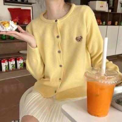 Sweter dzianinowy z okrągłym dekoltem, słodki haft kreskówkowy, codzienne topy, moda japońska, kardigan zapinany na jeden guzik, Harajuku