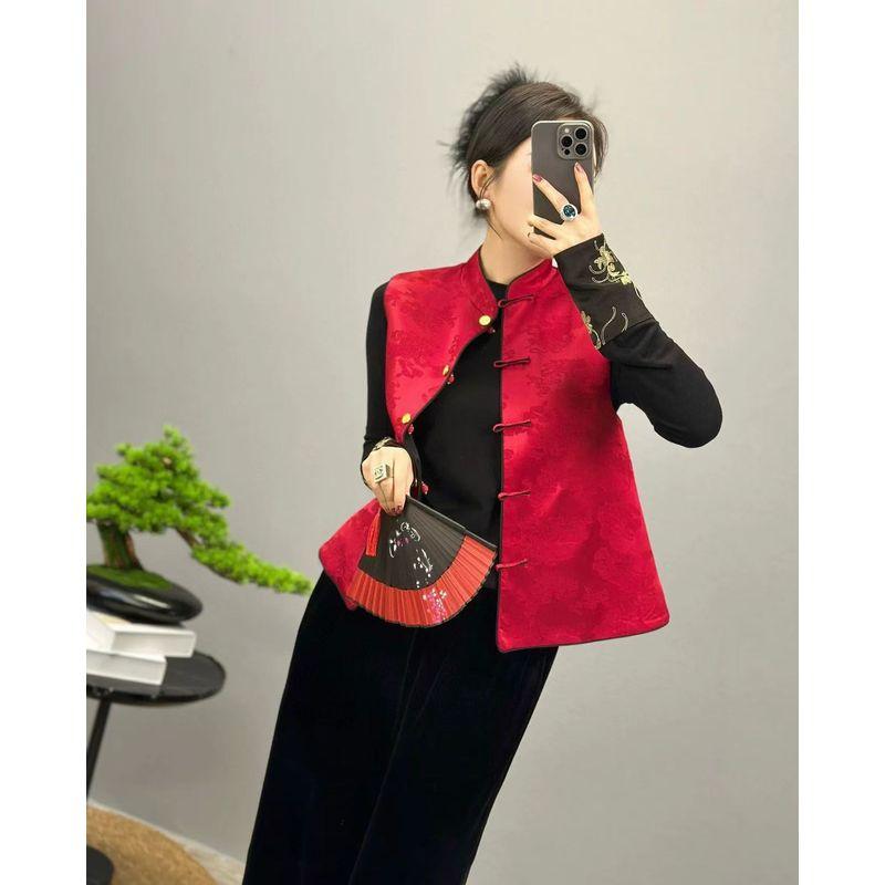 

Двусторонний! 2025 Товары в Двустороннюю Носку ~ Китайский Тисненый Сатин Поплин Хлопок Стойка Воротник Женский Жилет Платье-Бандаж Верхняя Одежда Red + Black L recommend 57.50kg