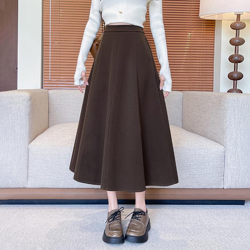 Evropská a americká vlněná áčková midi sukně - Korejský styl s vysokým pasem, Černý plisovaný design pro jaro/podzim