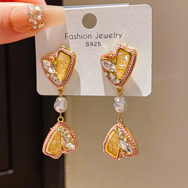 Retro Silver Needle Zircon Glass Water Drop Earrings Court Temperament Stud Earrings Personality Trend Versatile Earrings Women