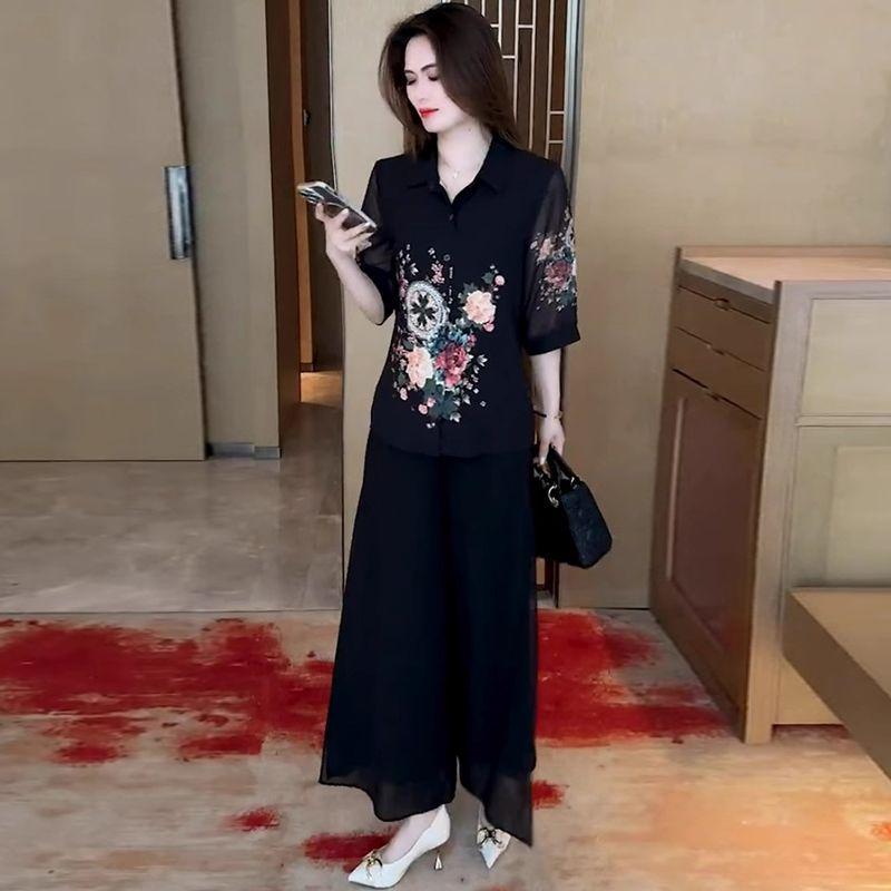 

Women s Floral Print Chiffon Top & Wide-Leg Pants Two-Piece Set for Summer 2025 XL (115-130 jin)