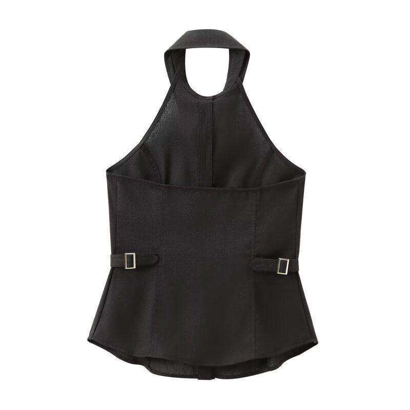 Fashion Style 2024 Summer New Women's Clothing Buckle Decoration Linen Blended Hanging Collar Tops 8001709