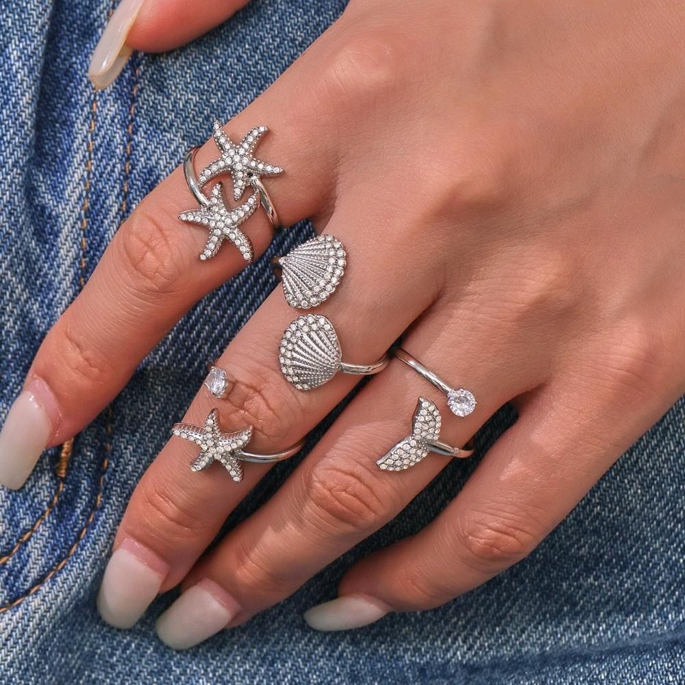 Exquisite Fish Tail Starfish Shell Finger Ring Jewelry Ocean Style Ring Cubic Zirconia Ring  Summer