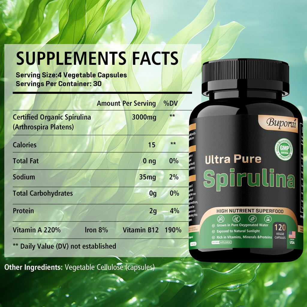 Spirulina-Pulverkapseln, das beste reine vegane Protein, helfen bei der Entgiftung des Körpers, geeignet für Erwachsene.