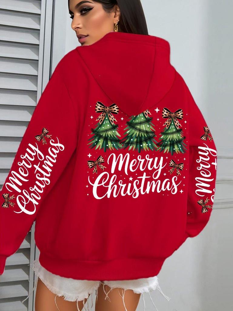 Women's Christmas Bow & Tree Pattern Casual Hoodie for Autumn