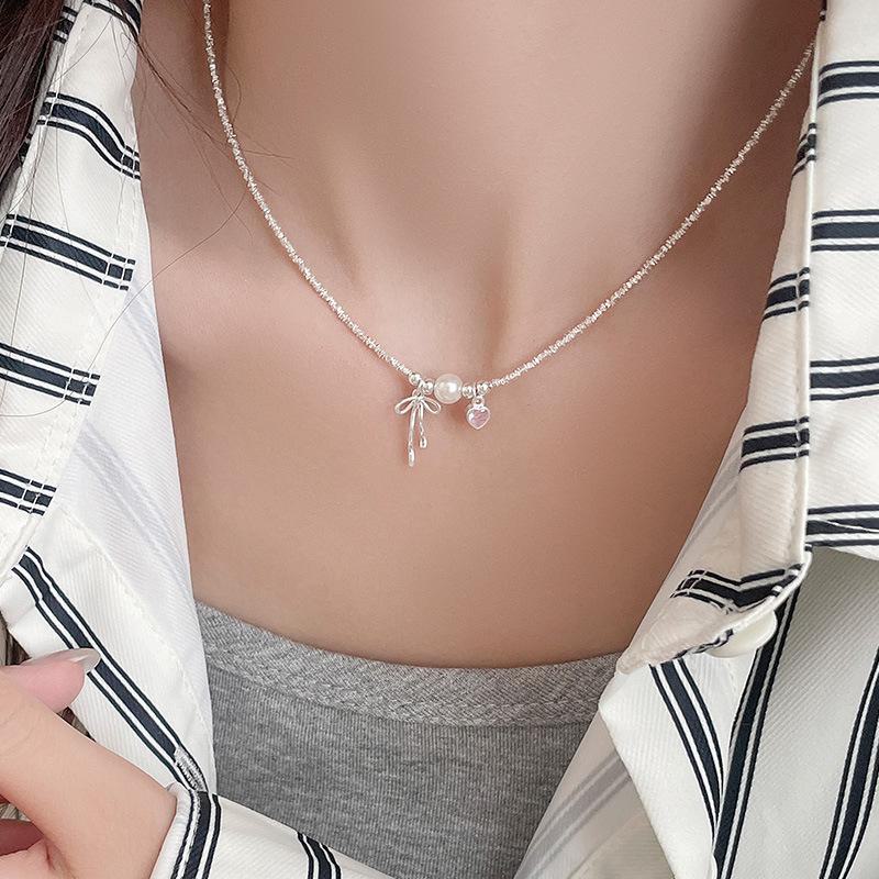 Colier cu fundă de balet din argint Banyan Tree S925 cu diamant roz și perlă