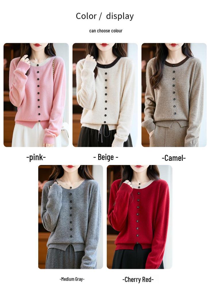 Women's Color Block Two-Piece Look Wool Sweater - Slim Fit, Loose, Round Neck Knitwear for Spring and Autumn