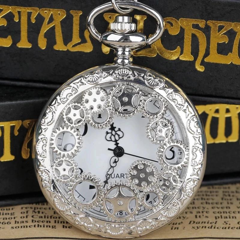 

Classic Vintage Pinion Hollow Engraved Quartz Pocket Watch Flip White Dial Arabic Numerals Necklace Pendant Clock Jewelry Gift срібний