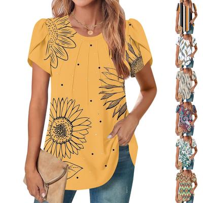 Top feminino casual gola redonda manga curta peito plissado manga flare floral