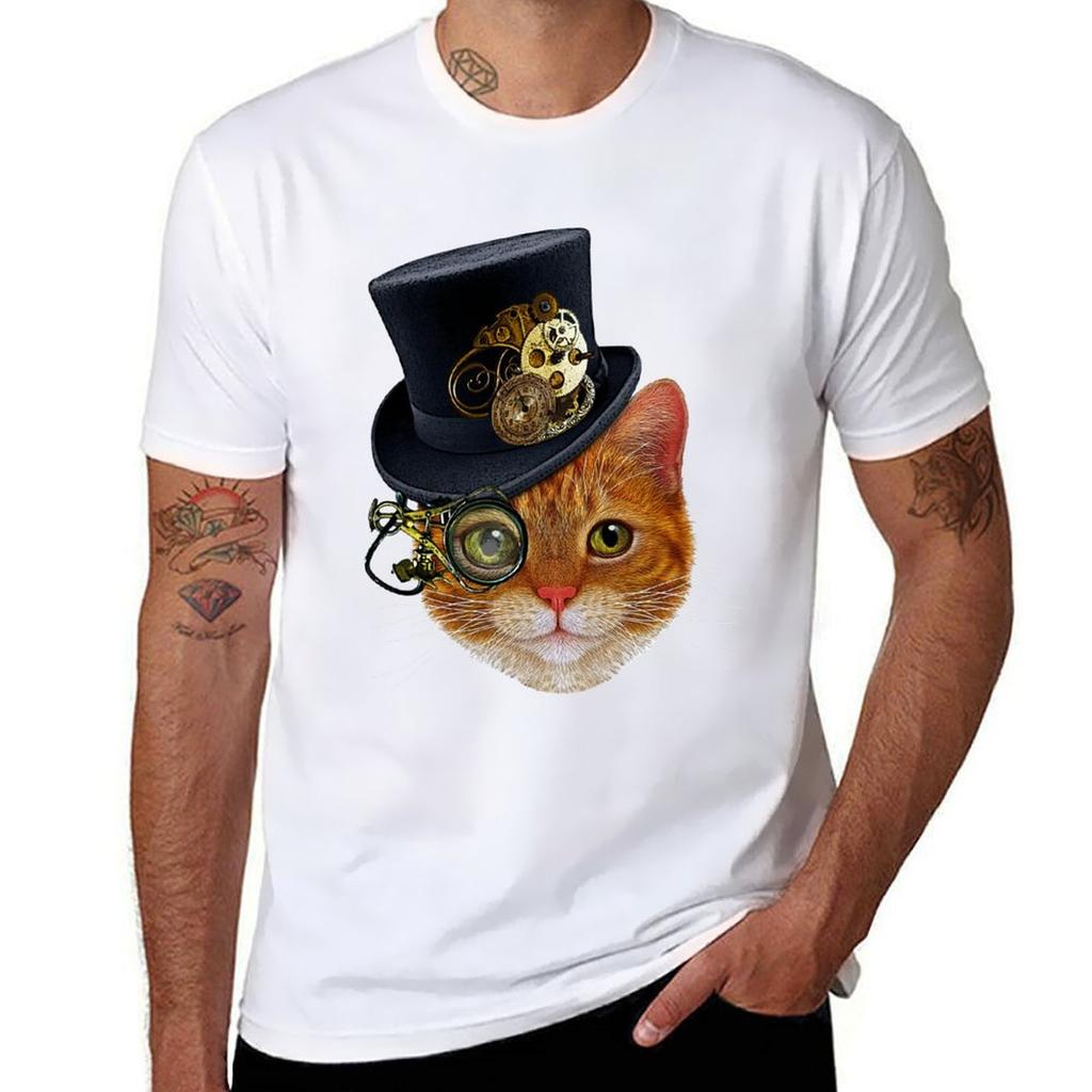 Orange Cat with Steampunk Hat and Monocle TShirt Casual Trendy Short Sleeve TShirt