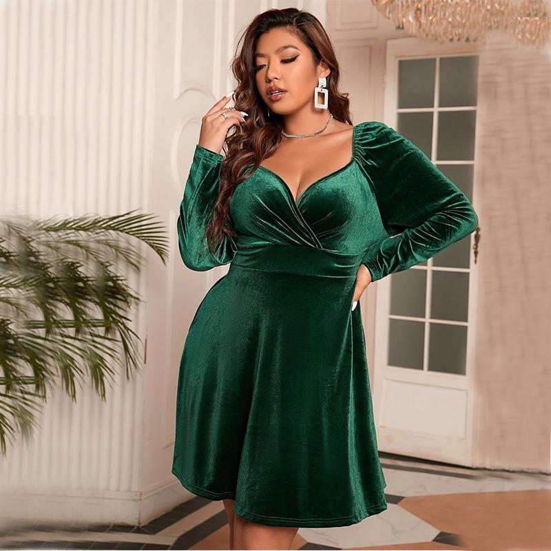 Rochii casual cu mâneci lungi Rochie de culoare uni Rochie de femeie cu decolteu în V adânc Rochie de catifea verde Rochie lejeră cu talie înaltă Rochie de dimensiuni mari Rochii de navetist