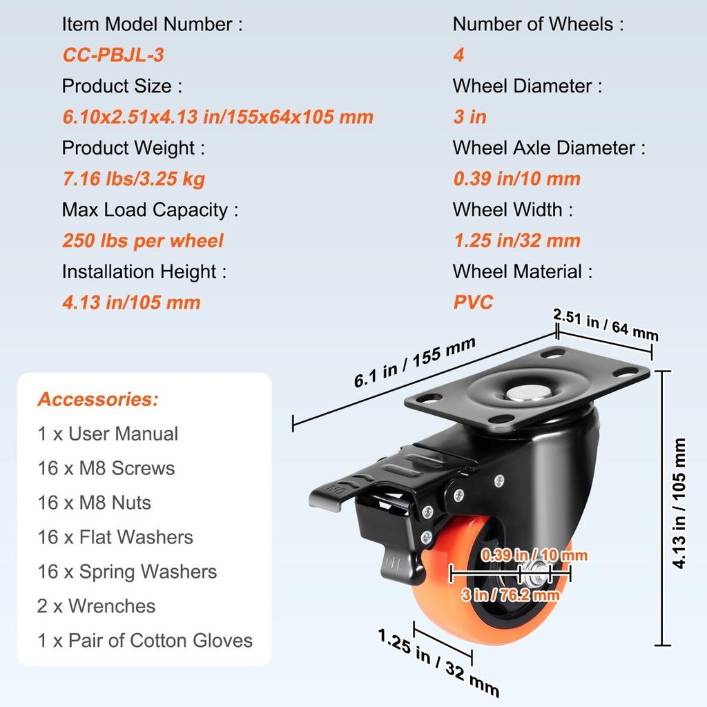 Caster Wheels, 3-inch Swivel Plate Casters, Set of 4, with Security A/B Locking No Noise PVC Wheels, Heavy Duty 250 lbs Load Capacity Per Caster,