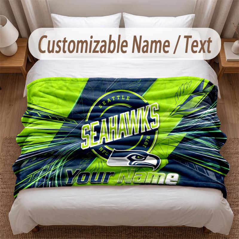 Seattle Seahawks Printed Flannel Blanket Custom Name Text Soft Warm Throw For Bedroom Holiday Gift