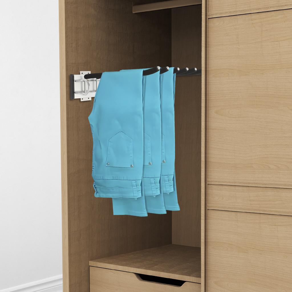 9-Rod Slide-Out Pants Rack – Heavy Duty Wardrobe Organizer with Anti-Slip Flocking – Black/Silver