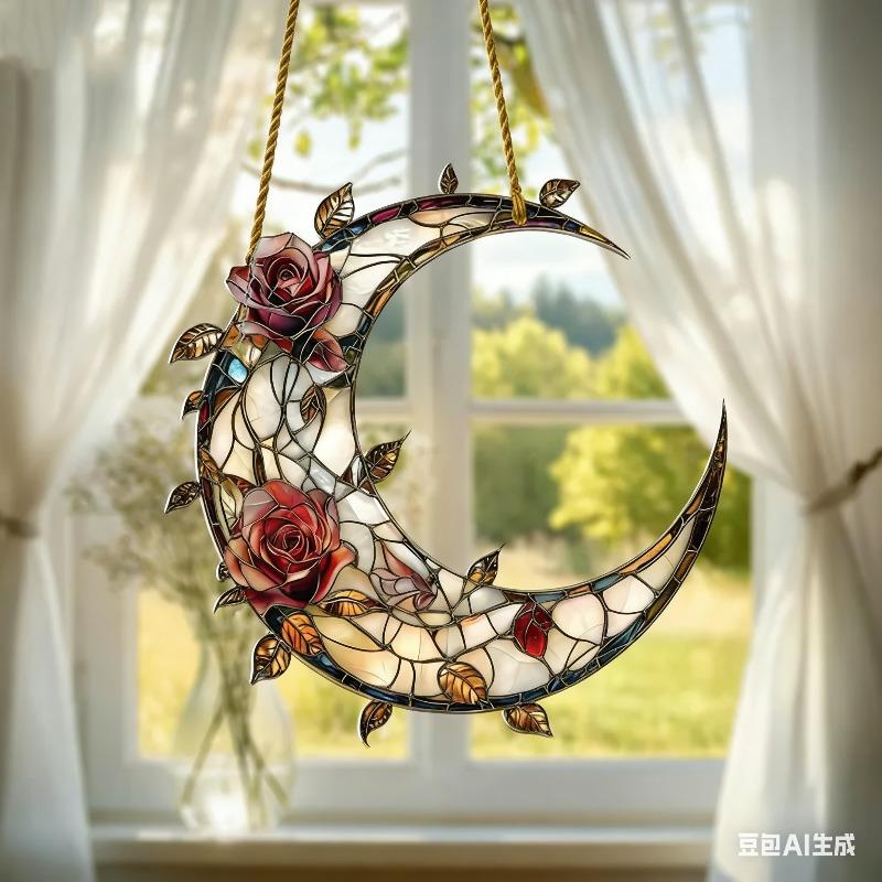2D Flat Crescent Moon & Flower Acrylic Decoration Sign, Red Rose & Leaves Design, Home Decor Plaque Hanging Wall Art Decorative Garden Decoration for
