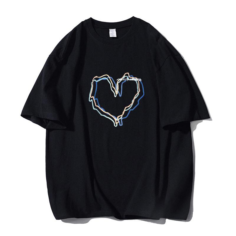 Shellsuning Loose O Neck Cotton Printed Shirts Women Summer Kawaii Heart Graphic Tees Female Casual Short Sleeve Base Black Tops