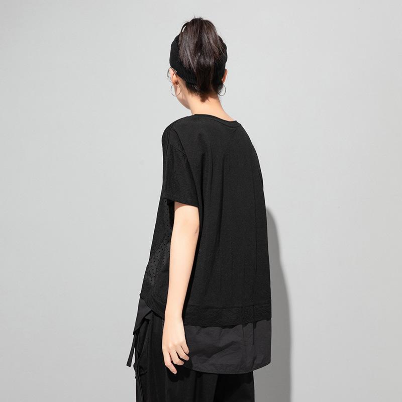 Evropské a americké letní dámské bavlněné tričko s prošívaným dutým vzorem